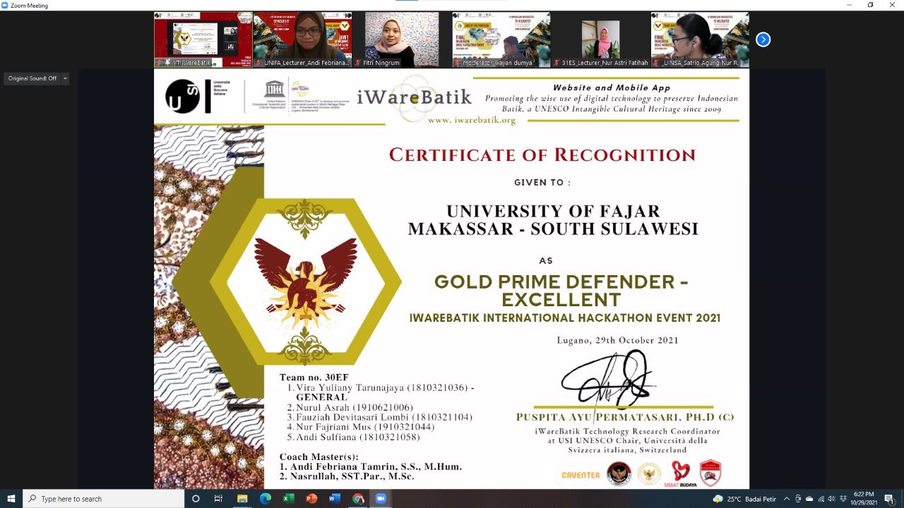 Mahasiswa Unifa Raih Penghargaan pada Reaward Iware Hackaton Internasional Competition