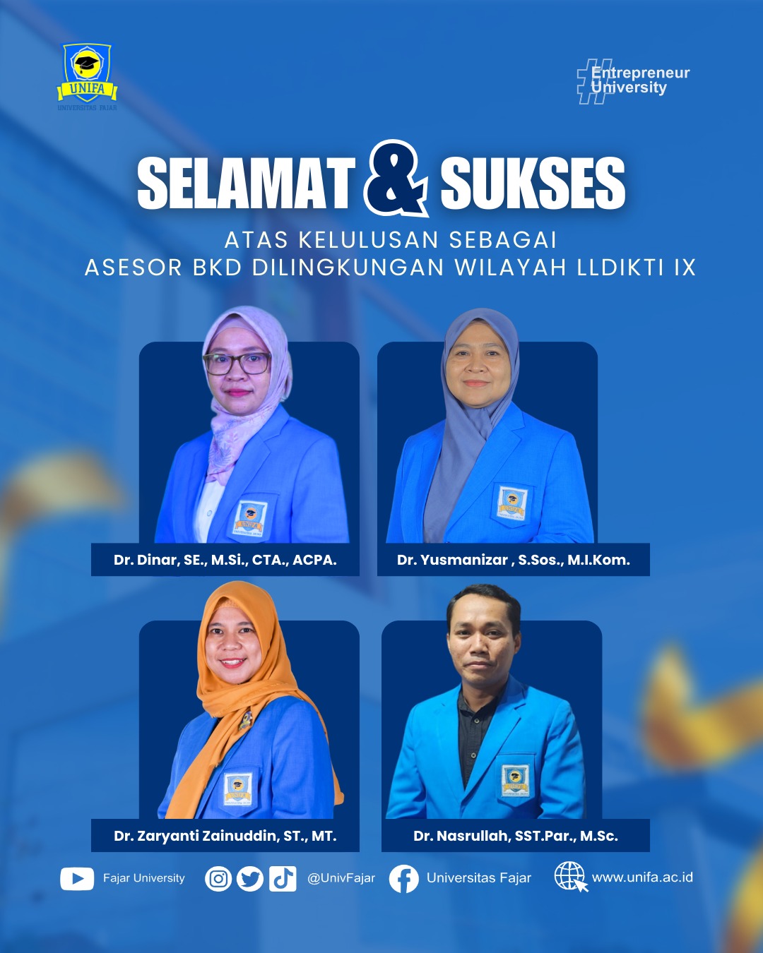 Selamat dan Sukses, Empat Dosen Universitas Fajar Lulus Rekrutmen Asesor BKD LLDikti Wilayah IX